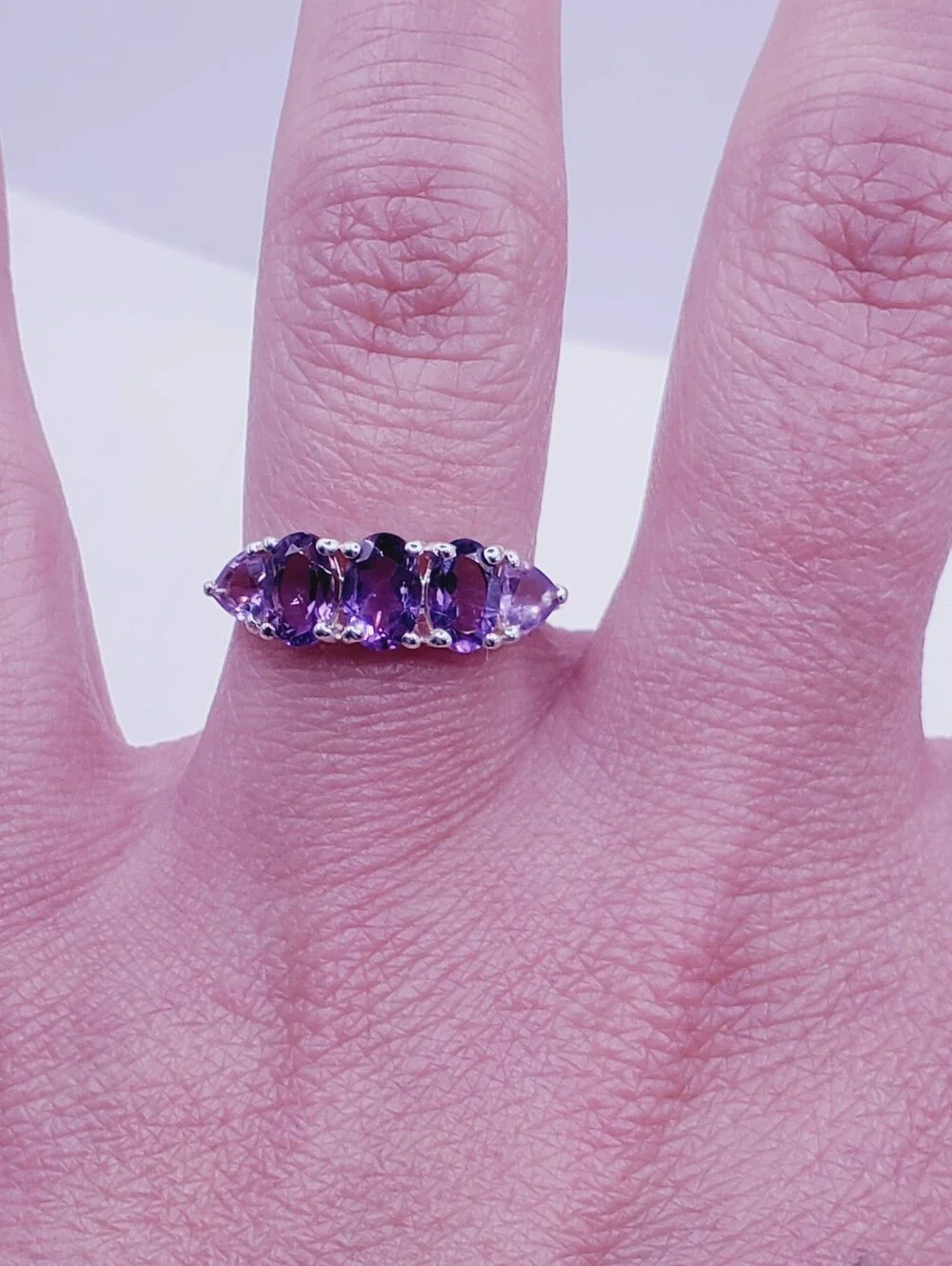 Oval & Trillion Genuine Purple Amethyst Five Stone Ring In 925 Sterling Silver